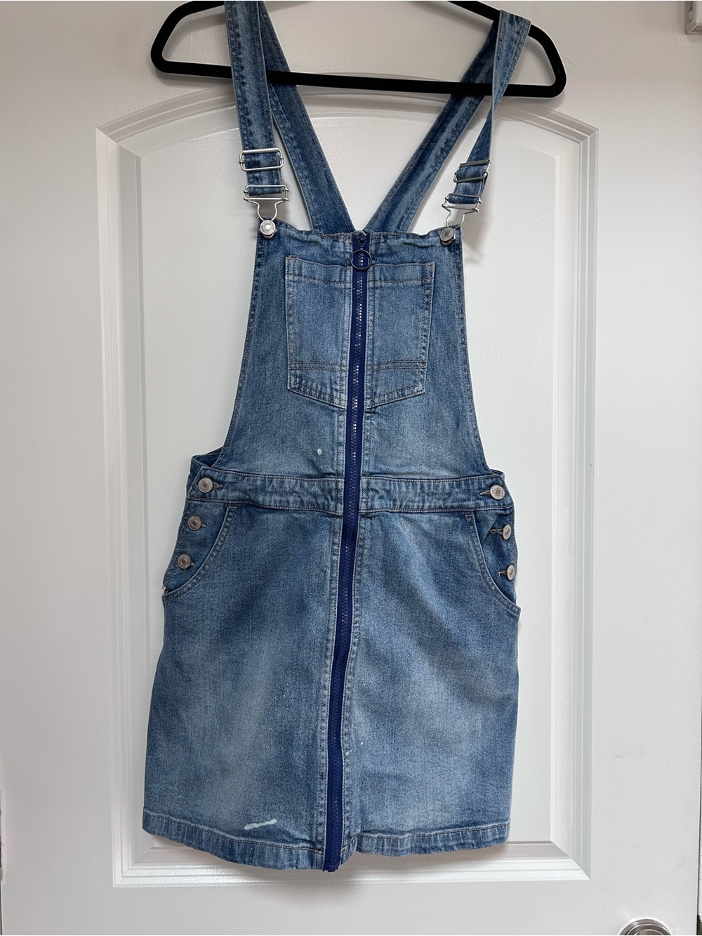 Rue 21  Women’s Overall Mini Skirt Sz L Distressed Denim Wide Strap Jumper Chic